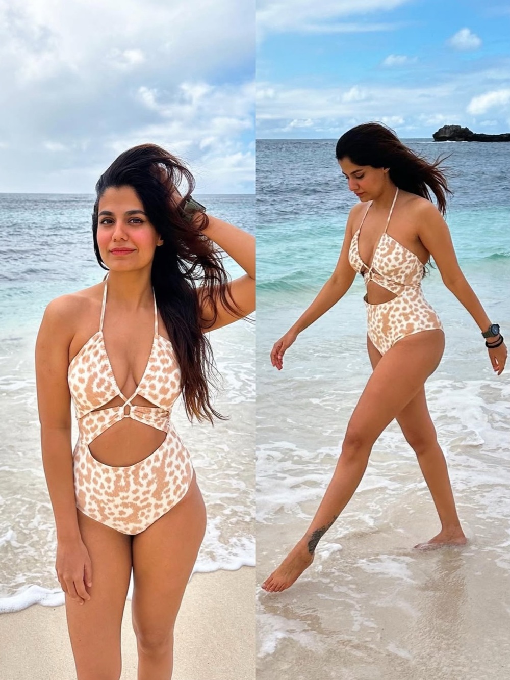 NWT aerie Cut Out Halter One Piece Cheeky Swimsuit in Spotted Beach Dune